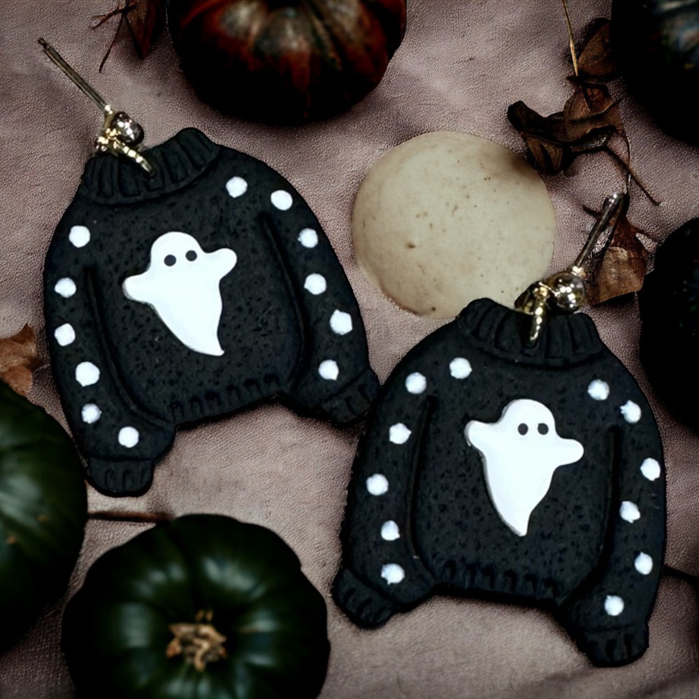 Spooky Black Sweater Ghost Polymer Clay Dangle Earrings
